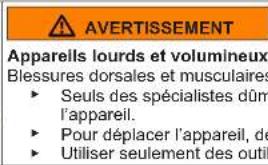 AVERTISSEMENT Appareils lourds et volumineux Blessures dorsales et musculaires ► Seuls des spécialistes dûm l'appareil. ► Pour déplacer l'appareil, de ► Utiliser seulement des outil