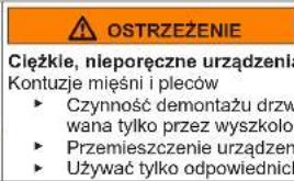 OSTRZEŻENIE Cieżkle, nieporęczne urządzenia Kontuzje mięśni i pleców ► Czynność demontażu drzw wana tylko przez wyszkolor ► Przemieszczenie urządzeń ► Używać tylko odpowiednich