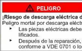 PELIGRO ¡Riesgo de descarga eléctrica de Peligro mortal por descarga eléctra • Las piezas eléctricas deber lificados. • Después de la reparación, conforme a VDE 0701 o los
