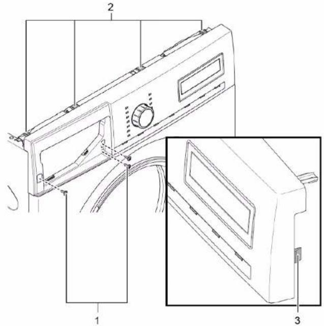 Technical diagram of a washing machine with labeled parts and exploded view