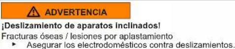 ADVERTENCIA ¡Deslizamiento de aparatos inclinados! Fracturas óseas / lesiones por aplastamiento ► Asegurar los electrodomésticos contra deslizamientos.