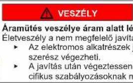 VeszÉLY Áramütés veszélye áram alatt lé Életveszély a nem megfelelő javítá • Az elektromos alkatrészek j szerész végezheti. • A javítás után végezessen cifikus szabályozásoknak n