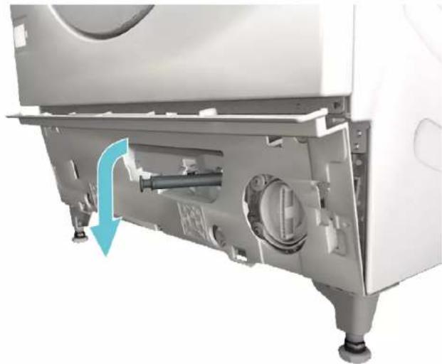 Interior view of a washing machine showing internal components and a blue arrow indicating a motion direction (no text or symbols)