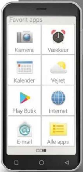 Favorit apps Kamera Vækkeur Kalender Vejret Play Butik Internet E-mail Alle apps
