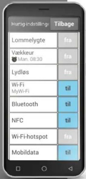 Hurtig-indstillinge Tilbage Lommelygte fra Vækkeur Man. 08:30 fra Lydløs fra Wi-Fi MyWi-Fi til Bluetooth til NFC til Wi-Fi-hotspot fra Mobildata til