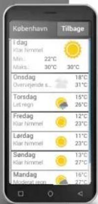 København Tilbage I dag klar himmel Min: 22°C Maks: 30°C Onsdag 18°C Overvejende s... 31°C Torsdag 15°C Let regi 26°C Fredag 12°C klar himmel 23°C Lerdag 11°C klar himmel 23°C Søndag 13°C klar himmel 27°C Mandag 16°C Minderat iron 27°C