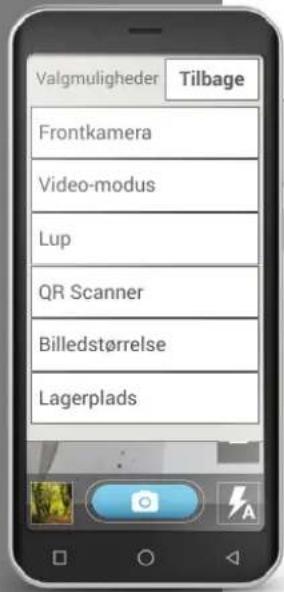Valgmuligheder Tilbage Frontkamera Video-modus Lup QR Scanner Billedstørrelse Lagerplads