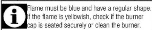 i Flame must be blue and have a regular shape. If the flame is yellowish, check if the burner cap is seated securely or clean the burner.