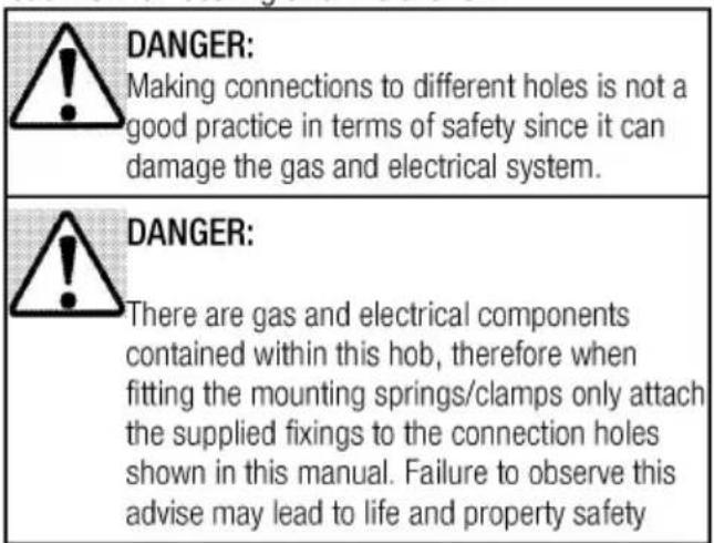 DANGER: Making connections to different holes is not a good practice in terms of safety since it can damage the gas and electrical system. DANGER: There are gas and electrical components contained within this hob, therefore when fitting the mounting springs/clamps only attach the supplied fixings to the connection holes shown in this manual. Failure to observe this advise may lead to life and property safety