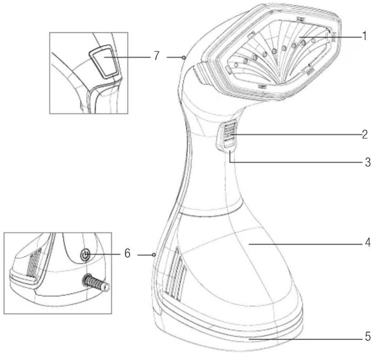 Technical diagram of a hair dryer with numbered parts and close-up insets for detail