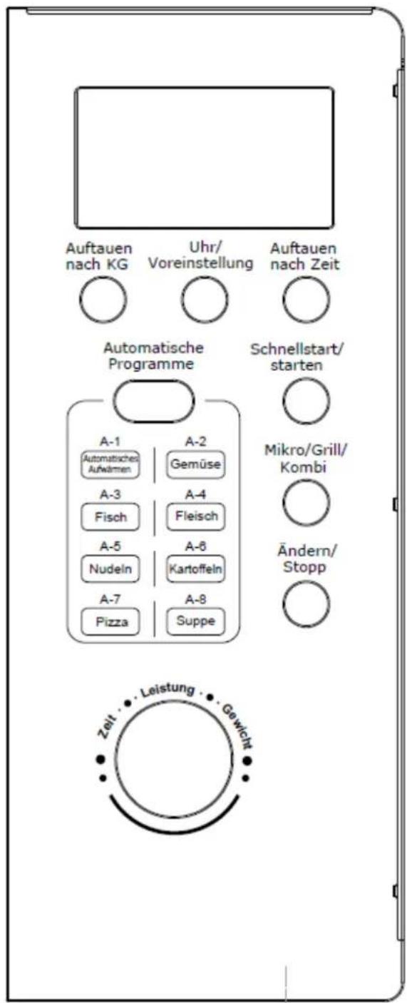 Auftauen nach KG Uhr/ Voreinstellung Auftauen nach Zeit Automatische Programme Schnellstart/ starten A-1 Automatisches Aufwärmen A-2 Gemüse A-3 Fisch A-4 Fleisch A-5 Nudeln A-6 Kartoffeln A-7 Pizza A-8 Suppe Mikro/Grill/ Kombi Ändern/ Stopp Zeit • Leistung • Gewicht