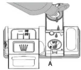 Diagram showing a hand holding a device with labeled parts and a dial indicator, likely illustrating a cleaning or inspection process.