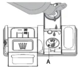 Diagram of a refrigerator interior with labeled parts and a hand holding a fan above the refrigerator.