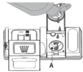 Diagram of a refrigerator interior with labeled compartments and a hand holding a bag, showing internal components like toilet, sink, and door.