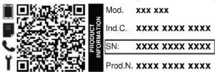 MOD. xxx xxx Ind.C. xxxxx xxxxx xxxxx SN: xxxxx xxxxx xxxxx Prod.N. xxxxx xxxxx xxxxx