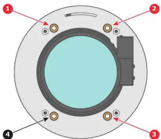 Diagram of a circular device with labeled components, showing internal structure and mounting points.