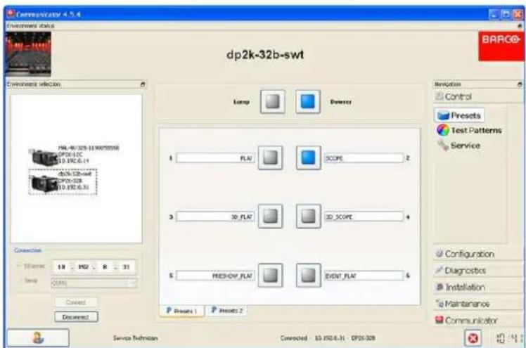dp2k-32b-swt Environment status Environment selection Lamp Dowers 1 FLAT SCORE 2 3 3D FLAT SCORE 4 5 PRESHOV_FLAT EVENT_FLAT 6 PRESO 1 PRESO 2 Envotion Control Presets Test Patterns Service Configuration Diagnostics Installation Maintenance Communicator Service Technician Corrected : 10.1920.6.31 - DP2k-32B