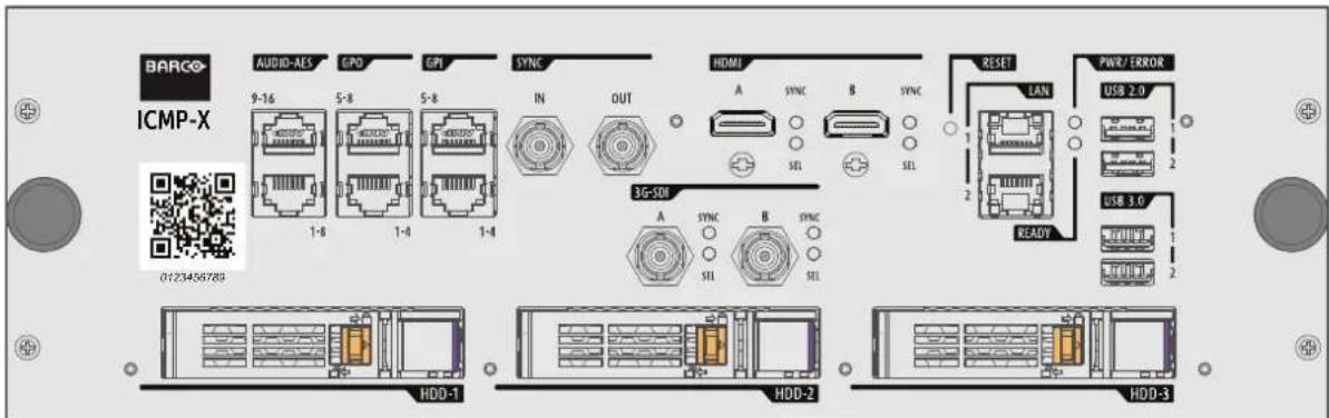 BARCO- ICMP-X 0123456789 AUDIO-AES GPO GPI SYNC IN OUT HDMI A SYNC B SYNC SEL RESET LAN PWR/ERROR USB 2.0 1 2 2 2 2 2 3G-SDI A SYNC B SYNC SEL READY HDD-1 HDD-2 HDD-3
