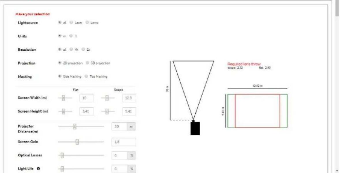 Make your selection Lightsource ● all ○ Laser ○ Lens Units ● m ○ ft Resolution ● all ○ 4h ○ 2s Projection ● 2D projection ○ 3D projection Masking ● Side Masking ○ Top Masking Screen Width (m) 10 12.9 Screen Height (m) 5.41 5.41 Projector Distance(m) 30 m Screen Gain 1.8 Optical Losses 0 % Light Life ● 0 %