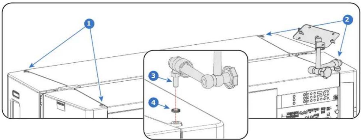 Technical diagram showing labeled components of a mechanical or industrial device with numbered parts and an inset view highlighting a pipe fitting.