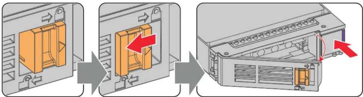 Diagram illustrating the process of device internal components, showing a 3D model before and after assembly with red arrows indicating movement.