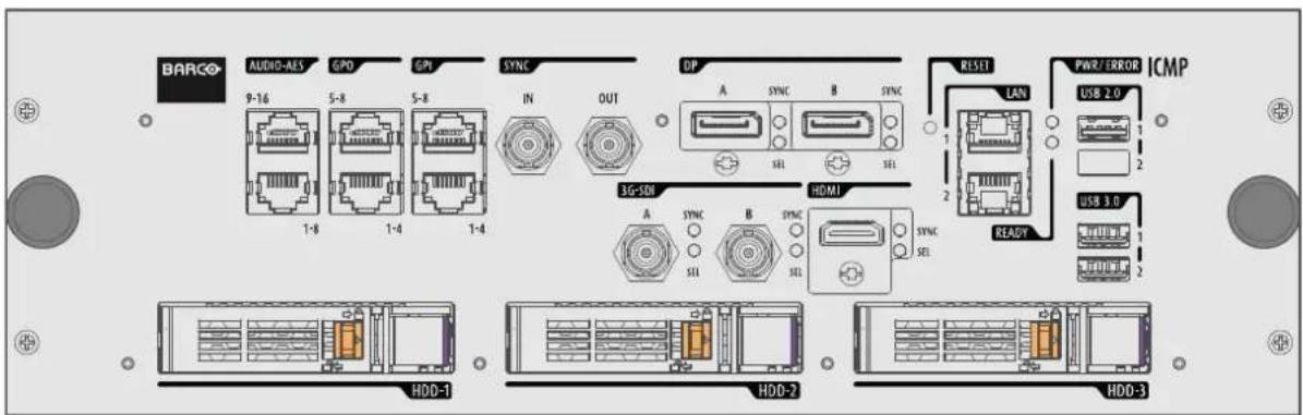 BARCO AUDIO-AES GPO GPI SYNC DP A SYNC B SYNC RESET LAN PWR/ERROR ICMP 9-16 5-8 5-8 IN OUT 3G-SDM HDMI 1-8 1-4 1-4 1-4 1-4 1-4 1-4 1-4 1-4 1-4 HDD-1 HDD-2 HDD-3