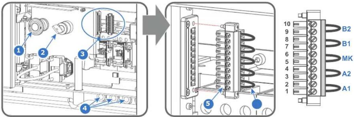 Technical diagram showing assembly of a device with labeled components and a corresponding schematic view of its internal structure.