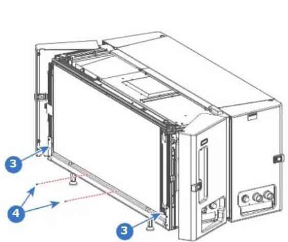 Technical diagram of a server rack with numbered components and directional arrows indicating assembly or movement.