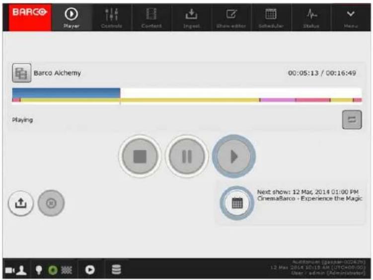 BARCO Player Controls Content Ingest Show editor Scheduler Status Menu Barco Alchemy 00:05:13 / 00:16:49 Playing Next show: 12 Mar, 2014 01:00 PM CinemaBarco - Experience the Magic