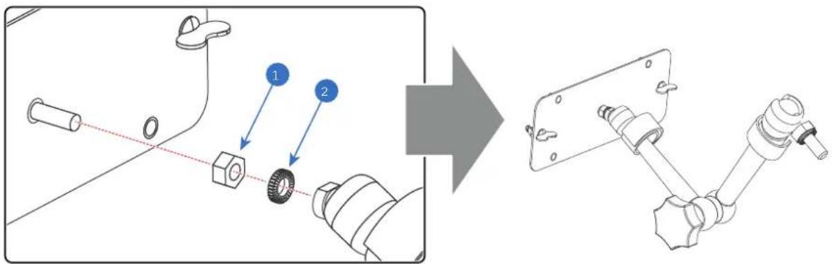 Technical diagram showing assembly steps of a mechanical component with labeled parts and directional arrow