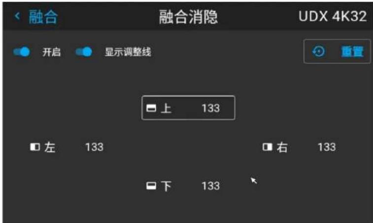 融合 融合消隐 UDX 4K32 开启 显示调整线 重置 上 133 左 133 右 133 下 133
