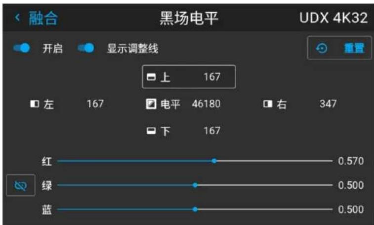融合 黑场电平 UDX 4K32 开启 显示调整线 上 167 左 167 电平 46180 右 347 下 167 红 0.570 绿 0.500 蓝 0.500