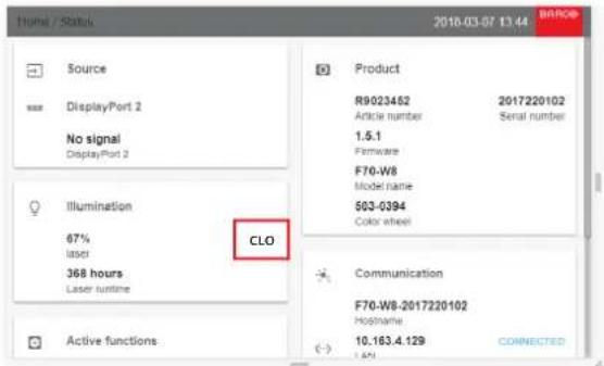 Home / Status 2010-03-07 13:44 Source DisplayPort 2 No signal DisplayPort 2 Illumination 67% laser 368 hours Laser runtime CLO Active functions Product R9023452 2017220102 Article number Serial number 1.5.1 Firmware F70-W8 Model name $03-0394 Color wheel Communication F70-W8-2017220102 Hostname 10.163.4.129 CONNECTED