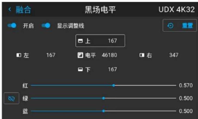 融合 黑场电平 UDX 4K32 开启 显示调整线 上 167 左 167 电平 46180 右 347 下 167 红 0.570 绿 0.500 蓝 0.500