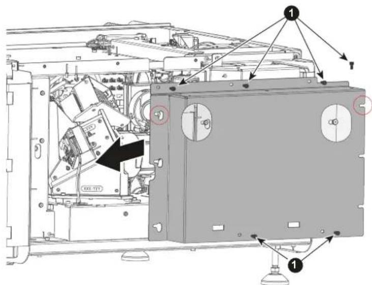 Technical diagram of an industrial machine with labeled components and directional arrows indicating assembly or inspection.