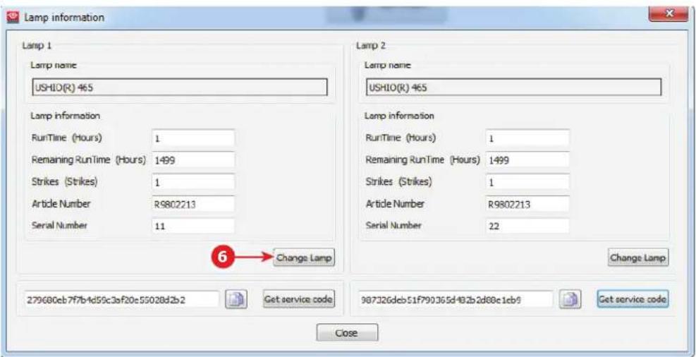 Lamp information Lamp 1 Lamp name USHIO(R) 465 Lamp 2 Lamp name USHIO(R) 465 Lamp information RunTime (Hours) 1 Remaining RunTime (Hours) 1499 Strikes (Strikes) 1 Article Number R9802213 Serial Number 11 Change Lamp Change Lamp 279680eb7f7b4d59c3sf20e55028d2b2 Get service code 907326deb51F790365d492b2d88e1cb9 Get service code Close