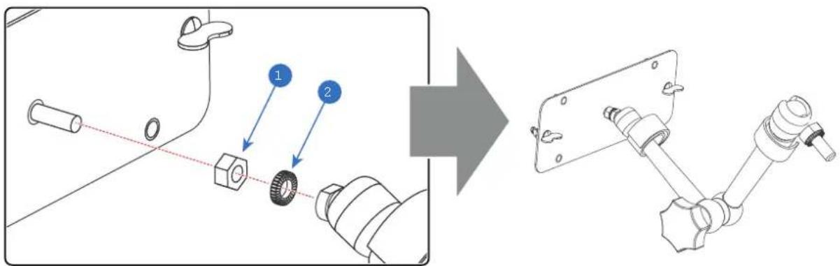 Technical diagram showing assembly steps of a mechanical component with labeled parts and directional arrow