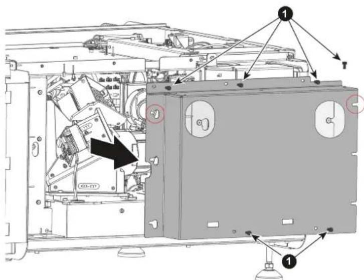 Technical diagram of an industrial machine with labeled components and directional arrows indicating assembly or inspection.