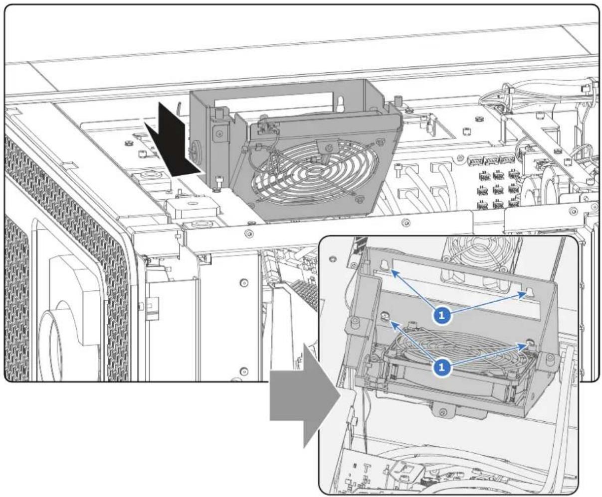 Technical diagram showing internal components of a computer with fan and ventilation system, including labeled parts 1 and an arrow indicating assembly or inspection.