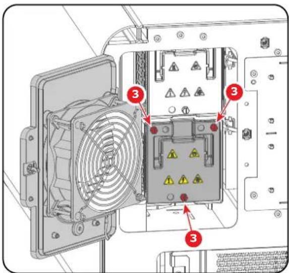 Technical diagram of an electrical enclosure with labeled components and warning symbols