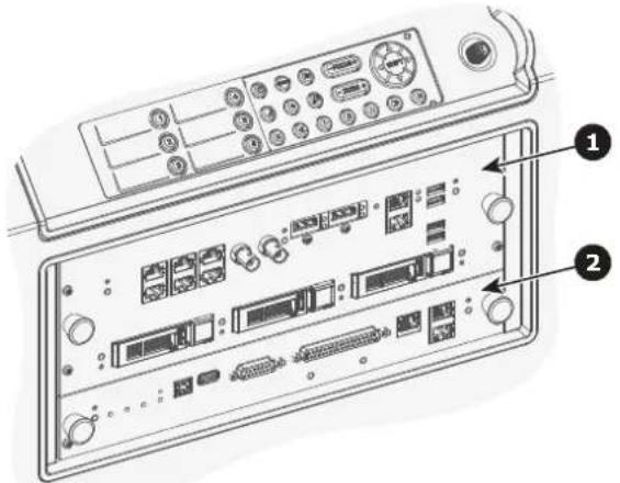 Diagram of an electronic device rear panel with labeled ports and connectors, showing internal components and connections.
