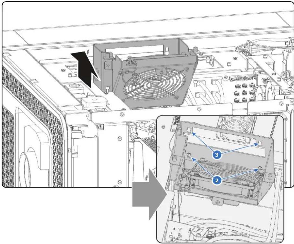 Technical diagram showing internal components of a server rack with labeled parts and directional arrows indicating assembly or installation.