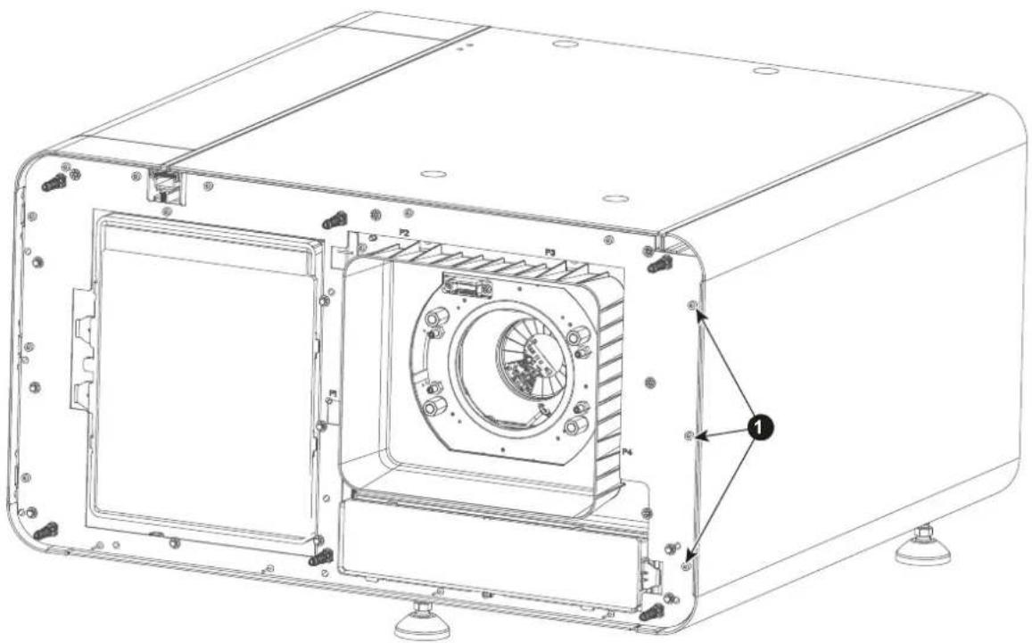 Technical diagram of a device casing with labeled components and directional arrows indicating assembly or assembly.