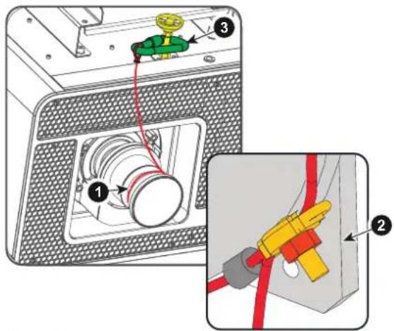 Diagram showing electrical wiring connections to a device with labeled components and a close-up of the cable being inserted.