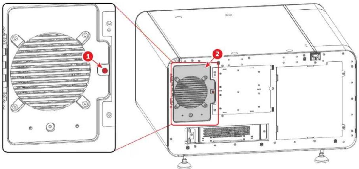 Technical diagram showing two views of a device's internal structure with labeled components, including ventilation slots and fan compartments.
