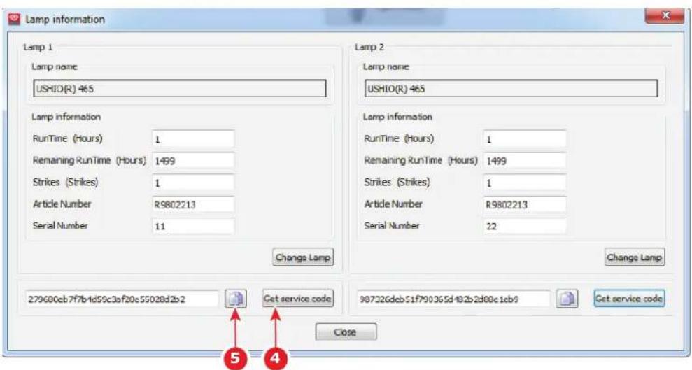 Lamp information Lamp 1 Lamp name USHIO(R) 465 Lamp information RunTime (Hours) 1 Remaining RunTime (Hours) 1499 Strikes (Strikes) 1 Article Number R9802213 Serial Number 11 Change Lamp Lamp 2 Lamp name USHIO(R) 465 Lamp information RunTime (Hours) 1 Remaining RunTime (Hours) 1499 Strikes (Strikes) 1 Article Number R9802213 Serial Number 22 Change Lamp 279680eb7f7b4d59c3sf20e55028d2b2 Get service code 987326deb51f790365d492b2d88e1eb9 Get service code Close