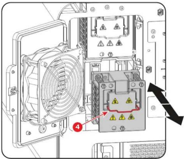 Technical diagram of an electronic device showing fan, power connector, and warning labels with arrows indicating direction
