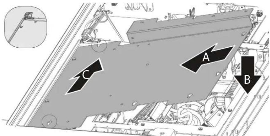 Technical diagram showing mechanical assembly with labeled components A, B, and C, including a magnified inset view.
