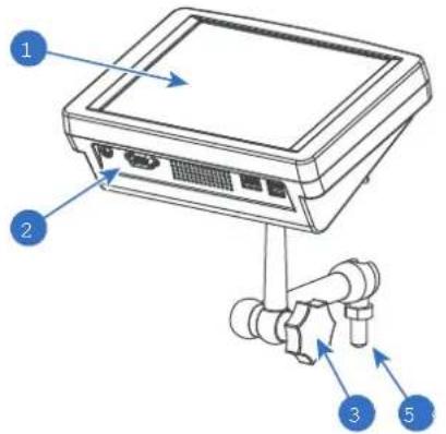 Diagram of a device with labeled components including ports, connectors, and water pipes
