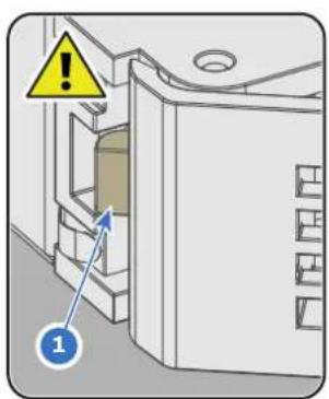 Diagram showing a warning sign with an exclamation mark and numbered label '1' pointing to a doorway or cabinet interior.